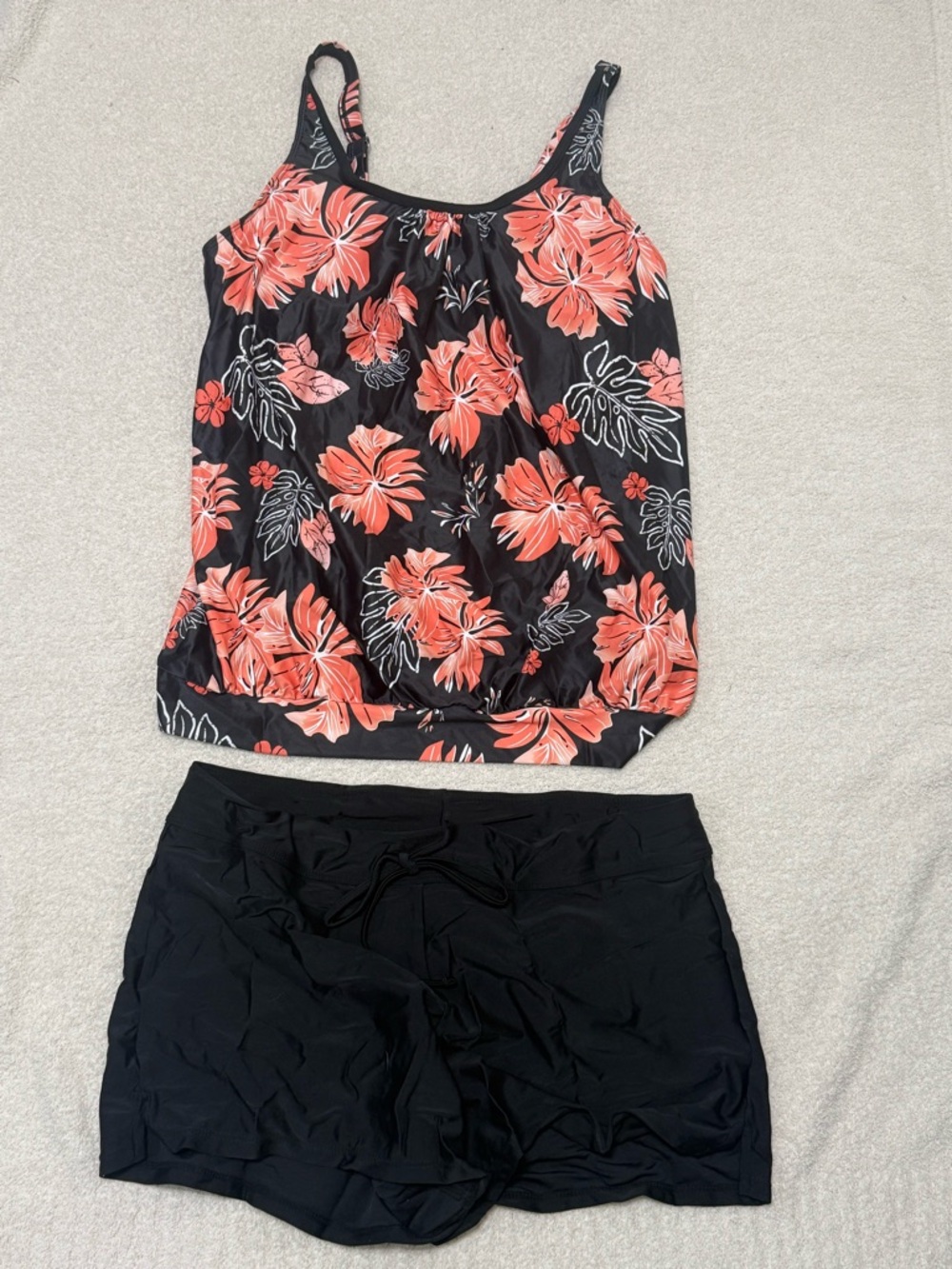 Women’s Black Floral Tankini Top and Black Swim Shorts - Coral Flower